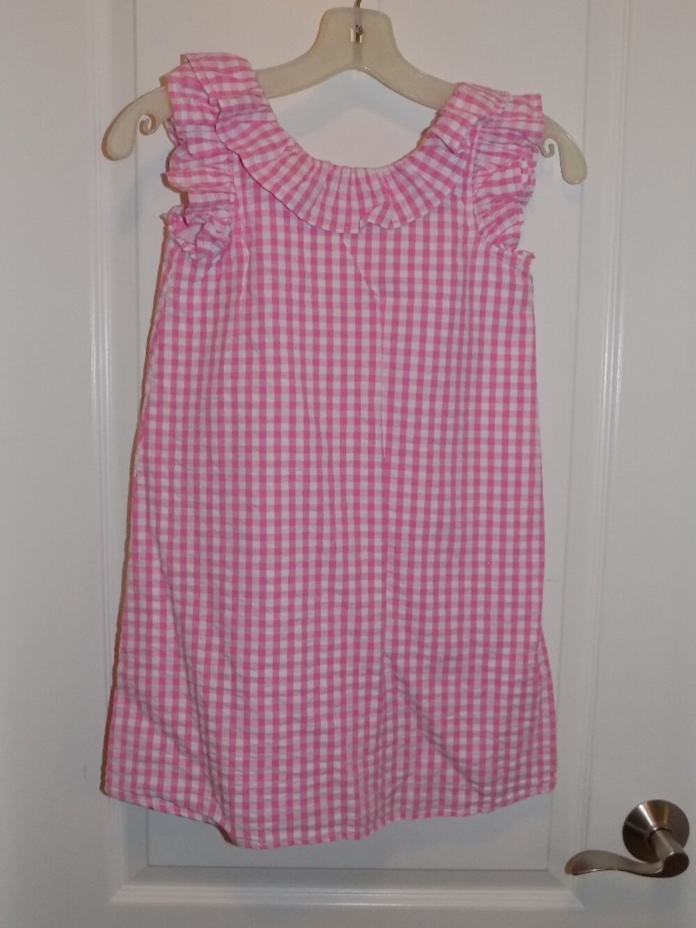 CROWN & IVY Girls Pink White Seersucker Flutter Sleeve Dress 7 Gingham Check Lil